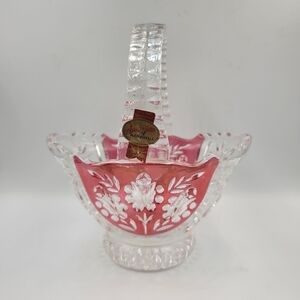 Anna Hütte Bleikristall German Lead Crystal Basket Candy Dish Cut Red Clear Vtg
